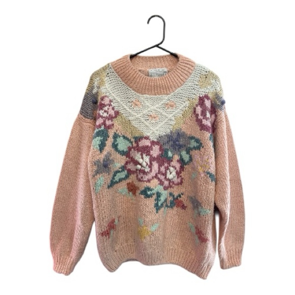 Vintage 80’s/90’s Body & Soul Hand Knit Floral Sweater - Pink and Cream Small